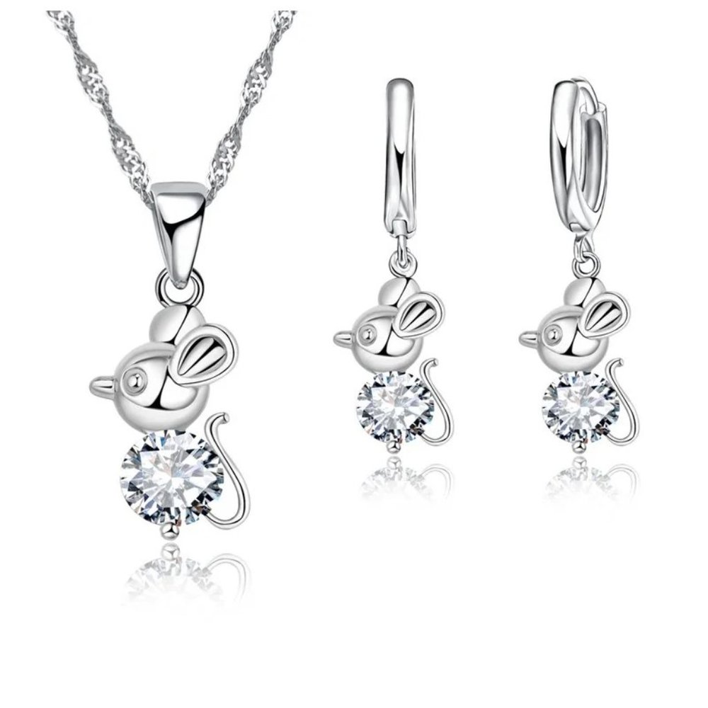 Cute Mouse Necklace And Earrings 925 Sterling Silver Set